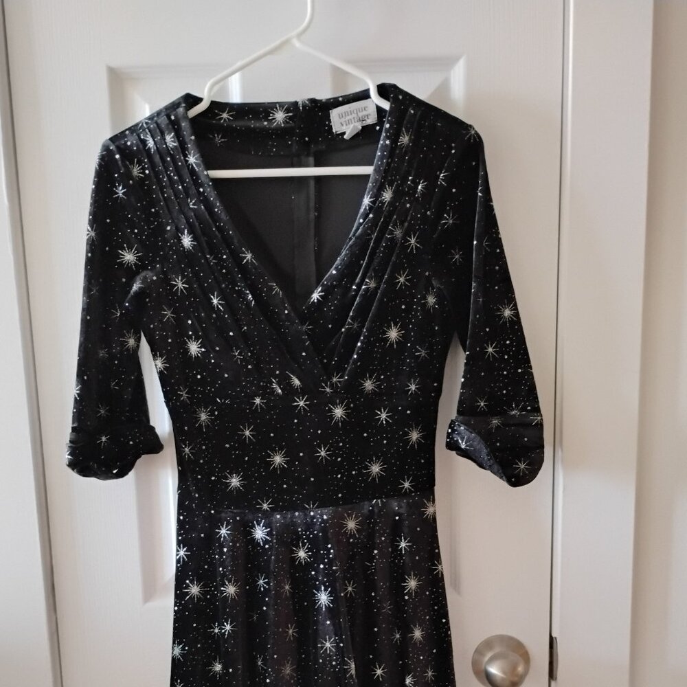 Unique Vintage Velvet Delores Dress - Black velvet & Silver stars